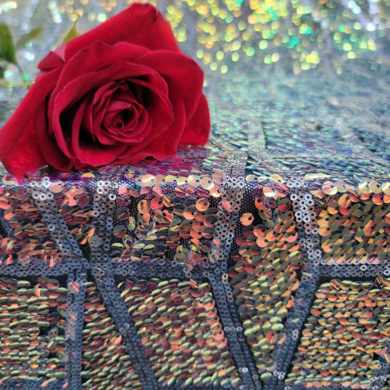 Sequin Embroidered 4 Way Stretch Mesh Rose Gold and Green