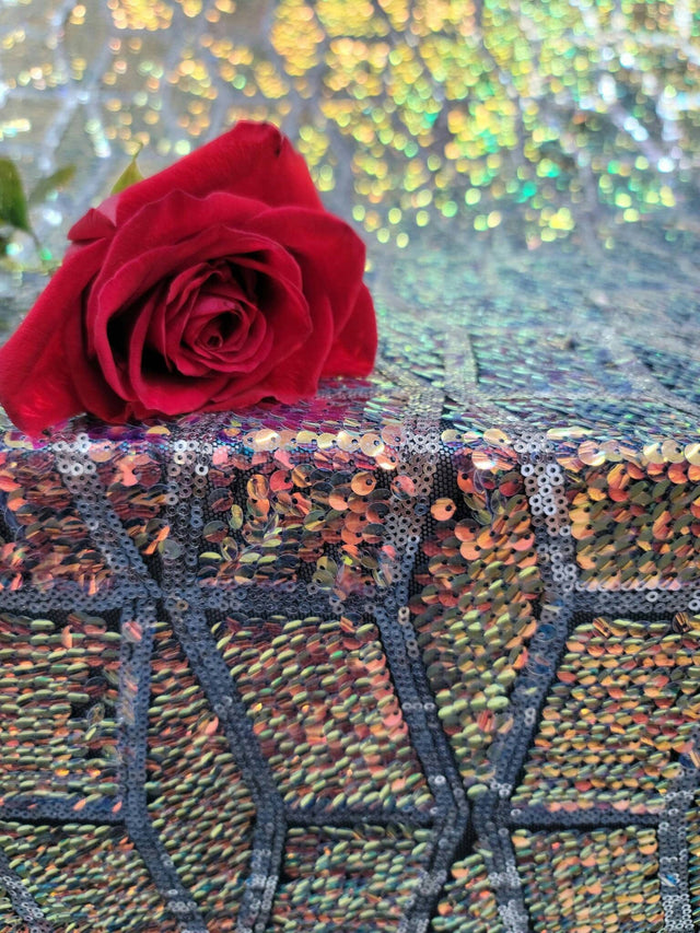 Sequin Embroidered 4 Way Stretch Mesh Rose Gold and Green