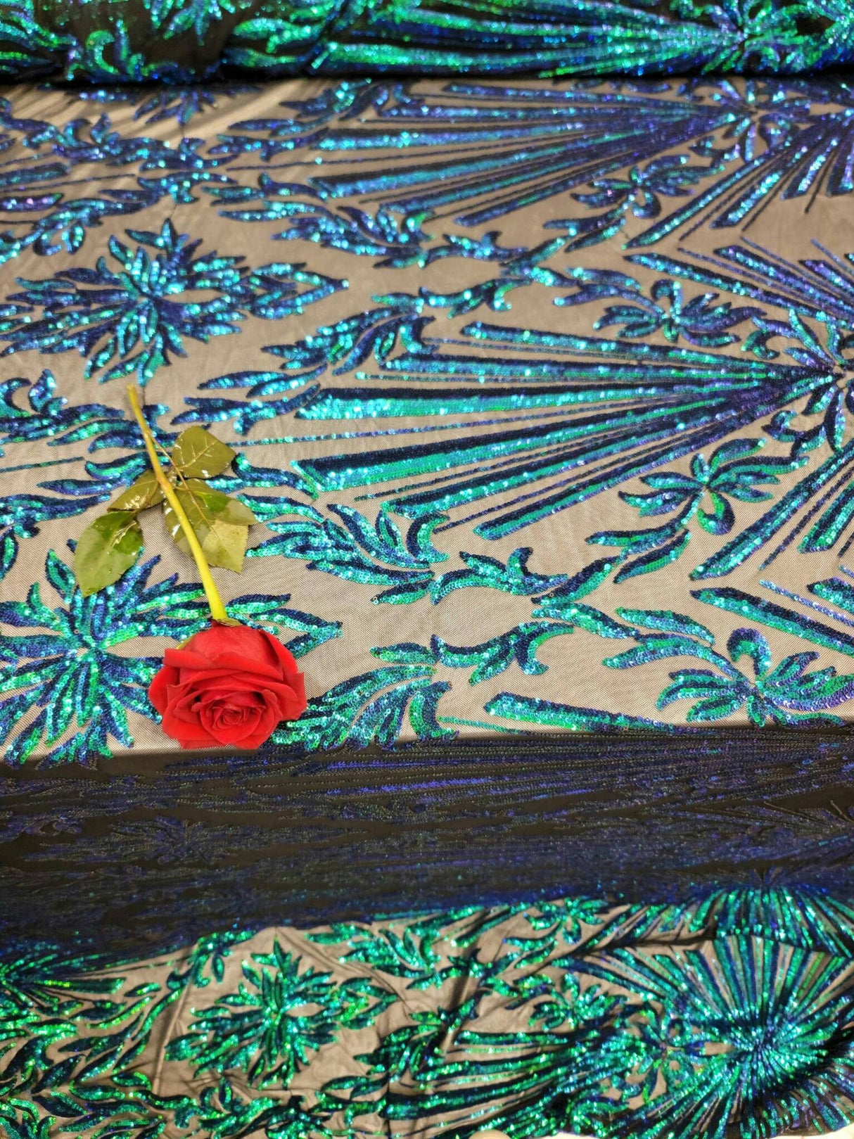 Sequin Lace Fabric Green Peacock Iridescent