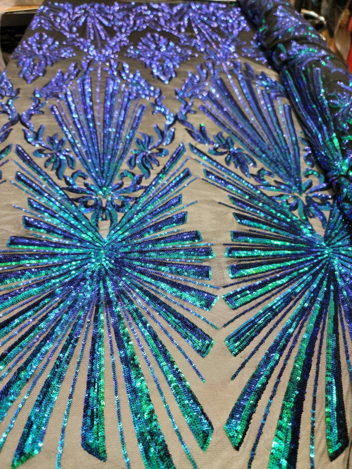 Sequin Lace Fabric Green Peacock Iridescent