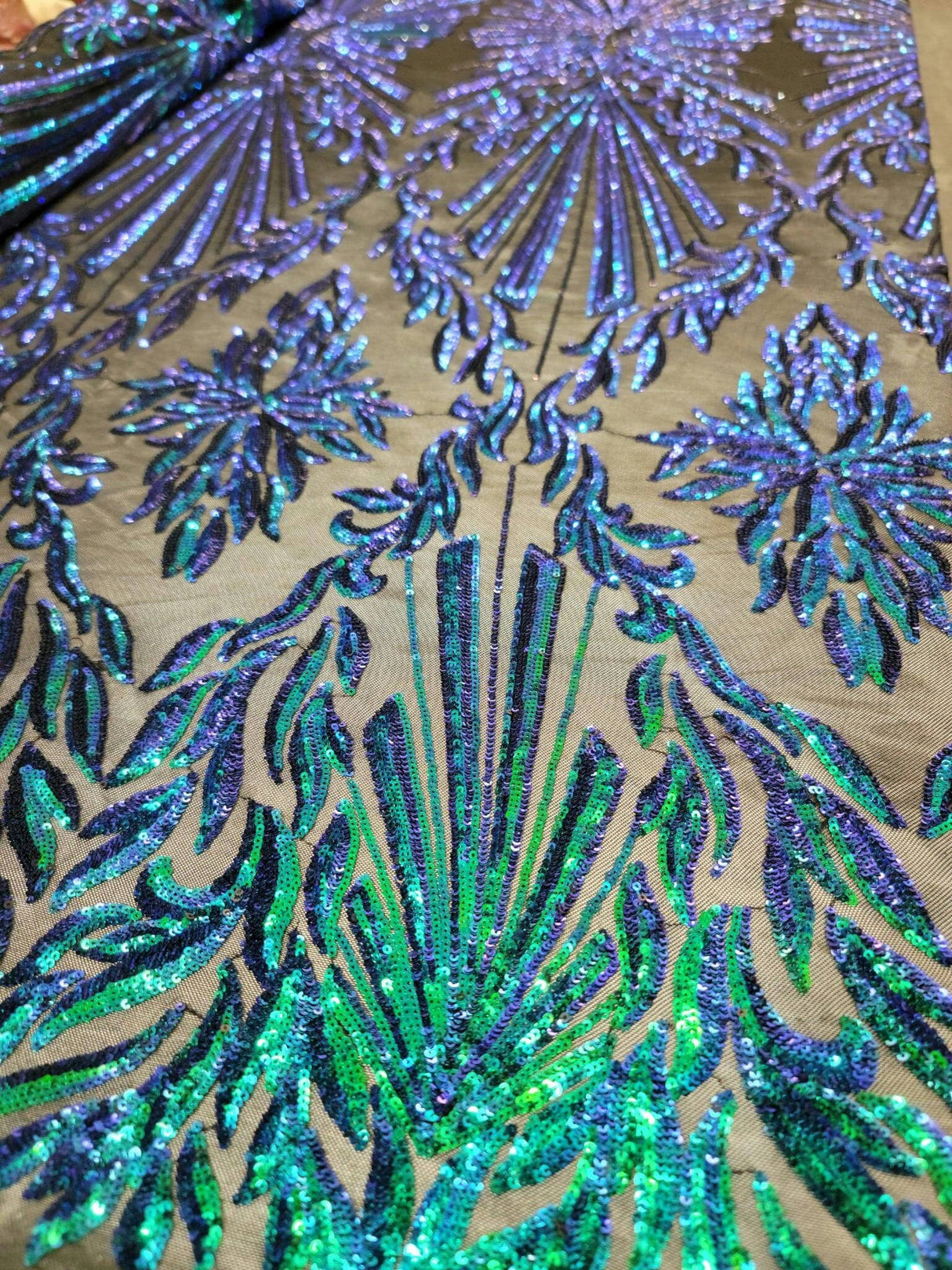 Sequin Lace Fabric Green Peacock Iridescent