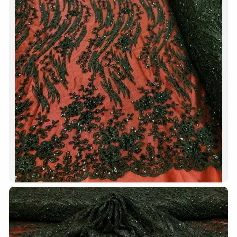 Black Beaded Lace Fabric