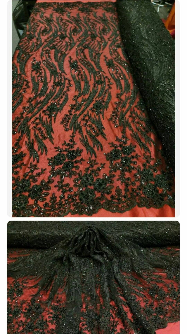 Black Beaded Lace Fabric