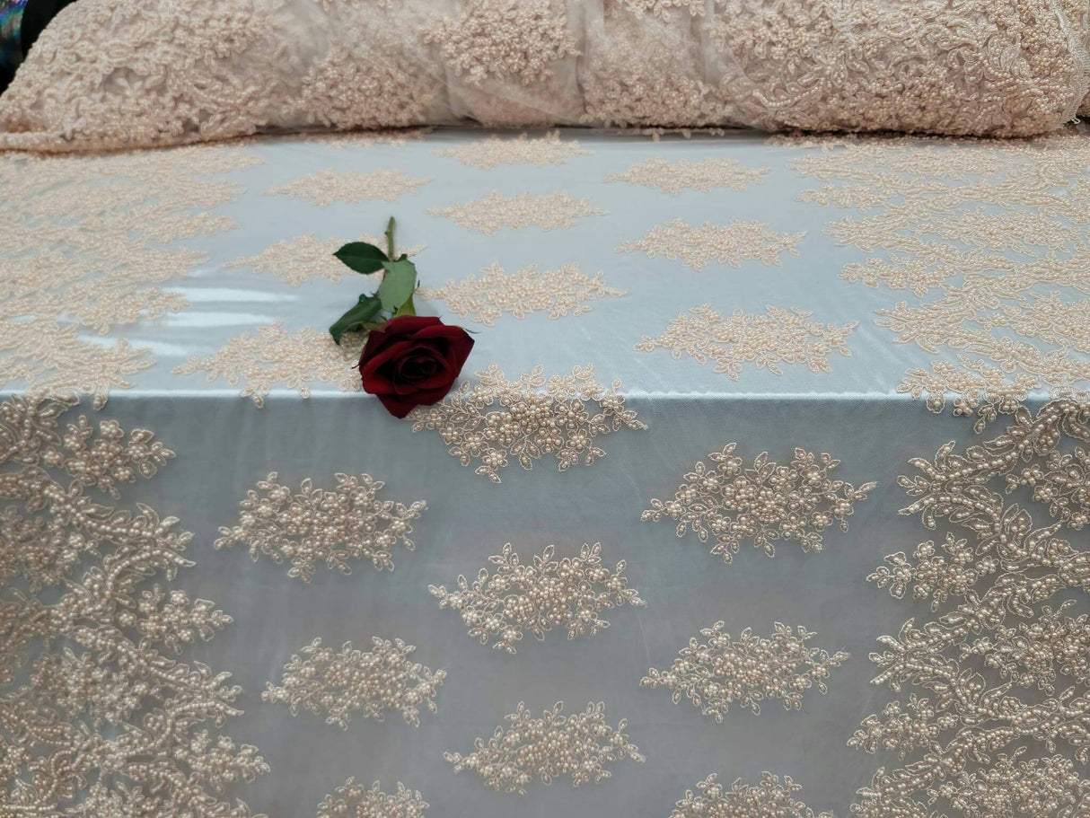 Beaded Lace Floral Embroidered Mesh Fabric Blush