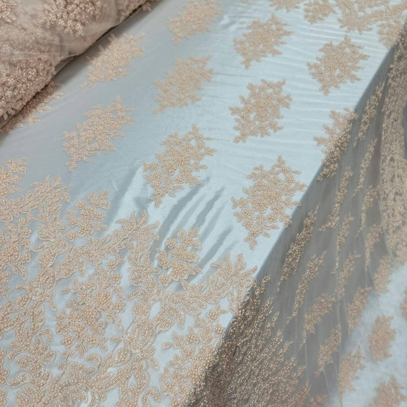 Beaded Lace Floral Embroidered Mesh Fabric Blush