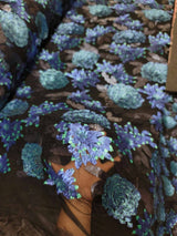 Sequin Lace Black with Blue Teal Flowers