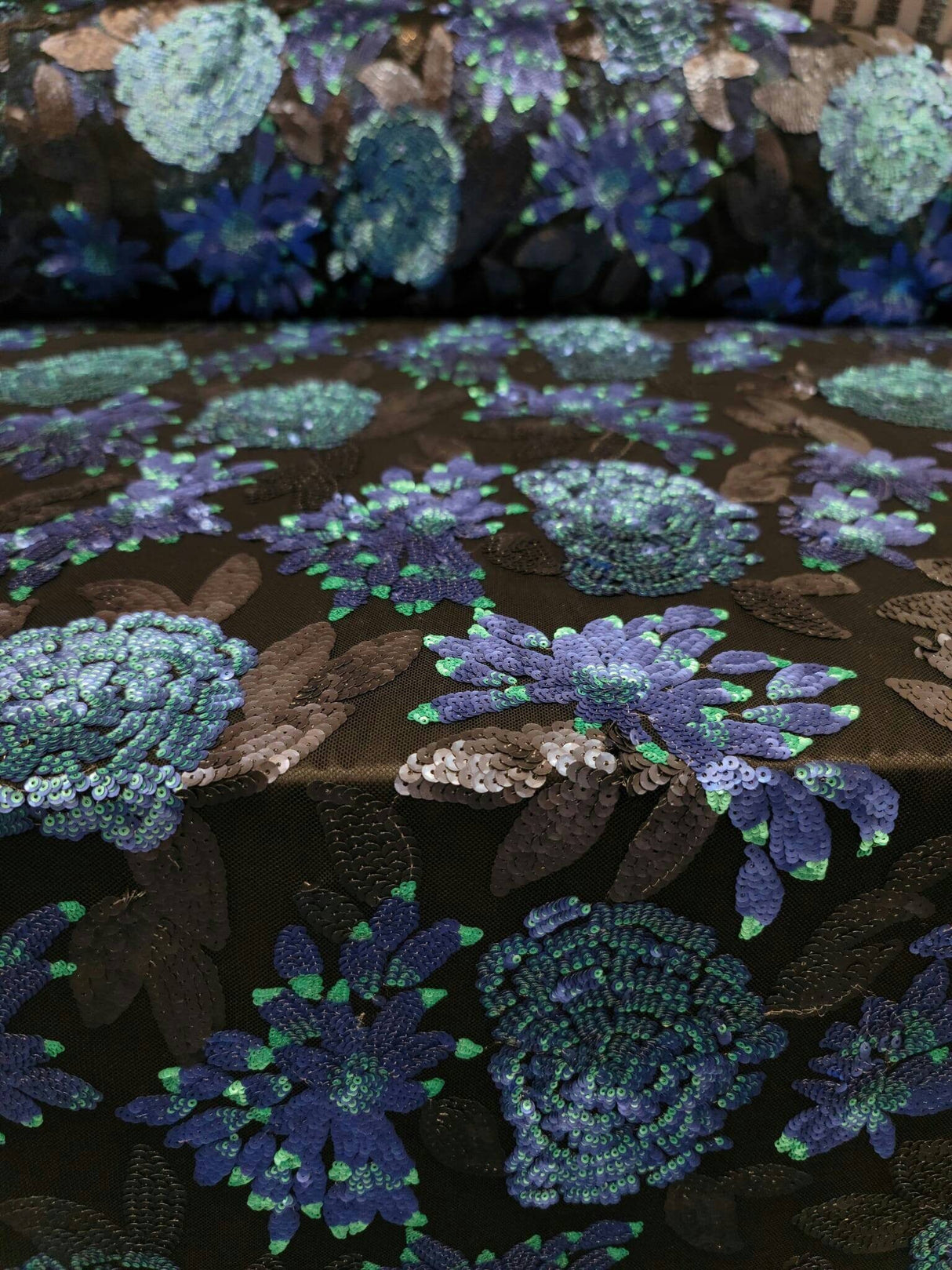 Sequin Lace Black with Blue Teal Flowers