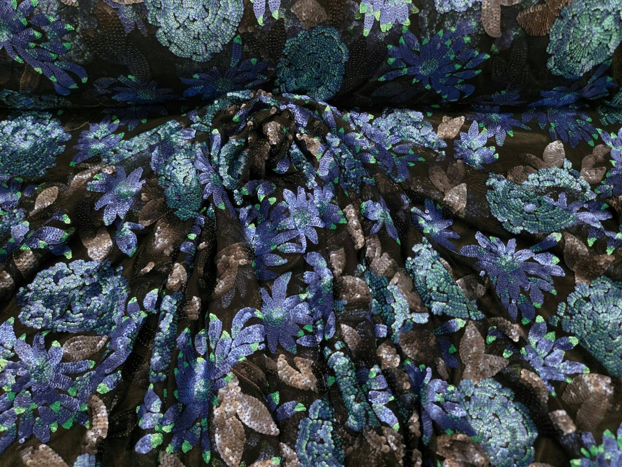 Sequin Lace Black with Blue Teal Flowers