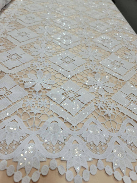 Embroidered Guipure Lace Clear Sequin White