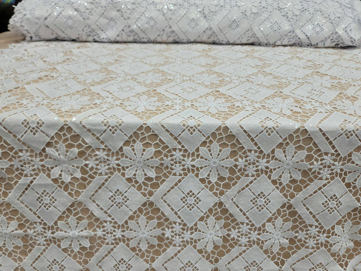 Embroidered Guipure Lace Clear Sequin White