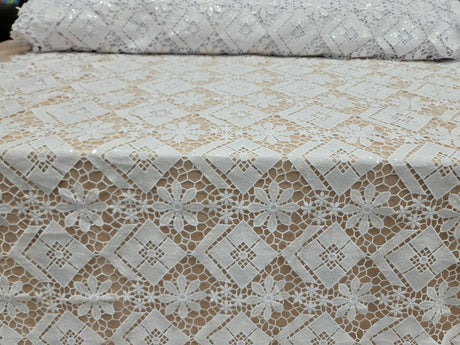 Embroidered Guipure Lace Clear Sequin White