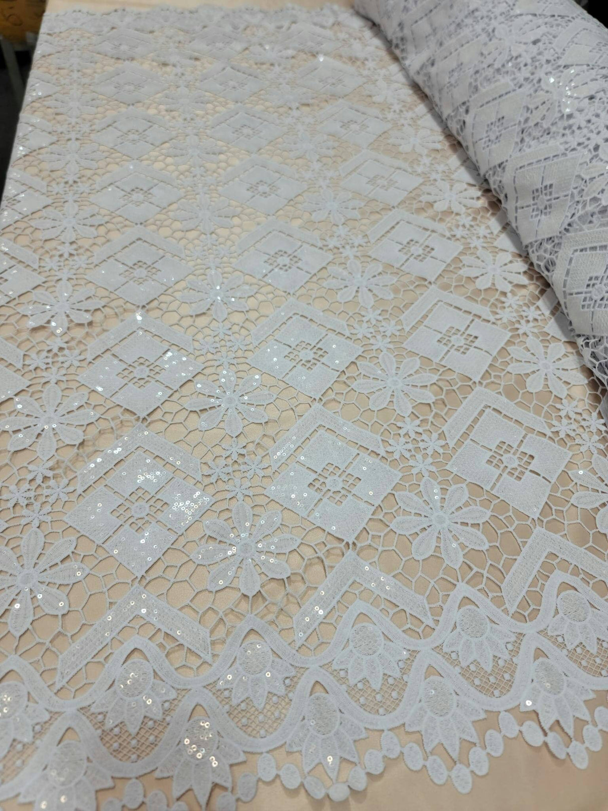 Embroidered Guipure Lace Clear Sequin White