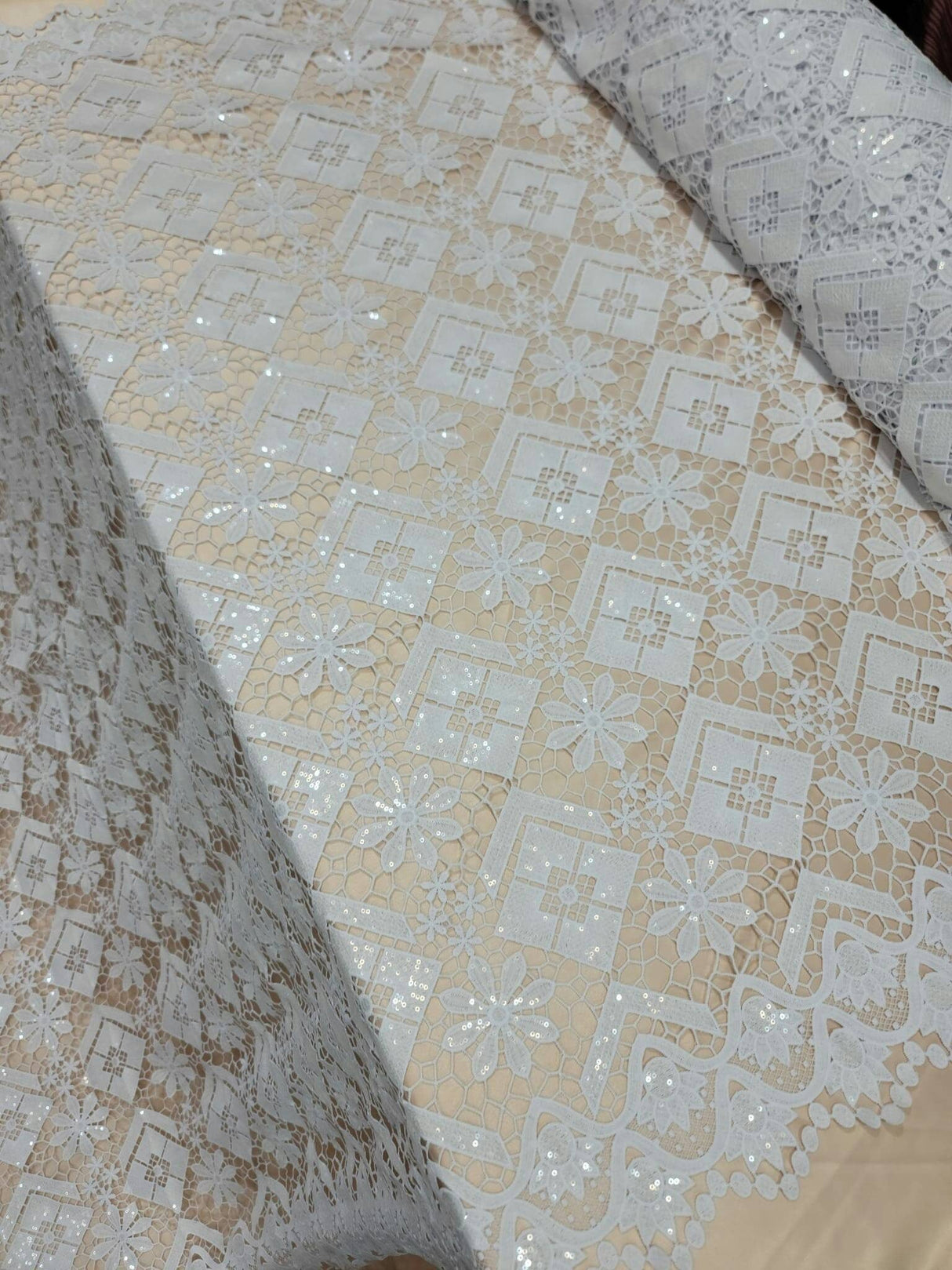 Embroidered Guipure Lace Clear Sequin White