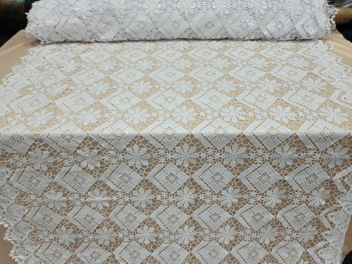 Embroidered Guipure Lace Clear Sequin White