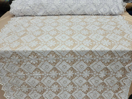 Embroidered Guipure Lace Clear Sequin White