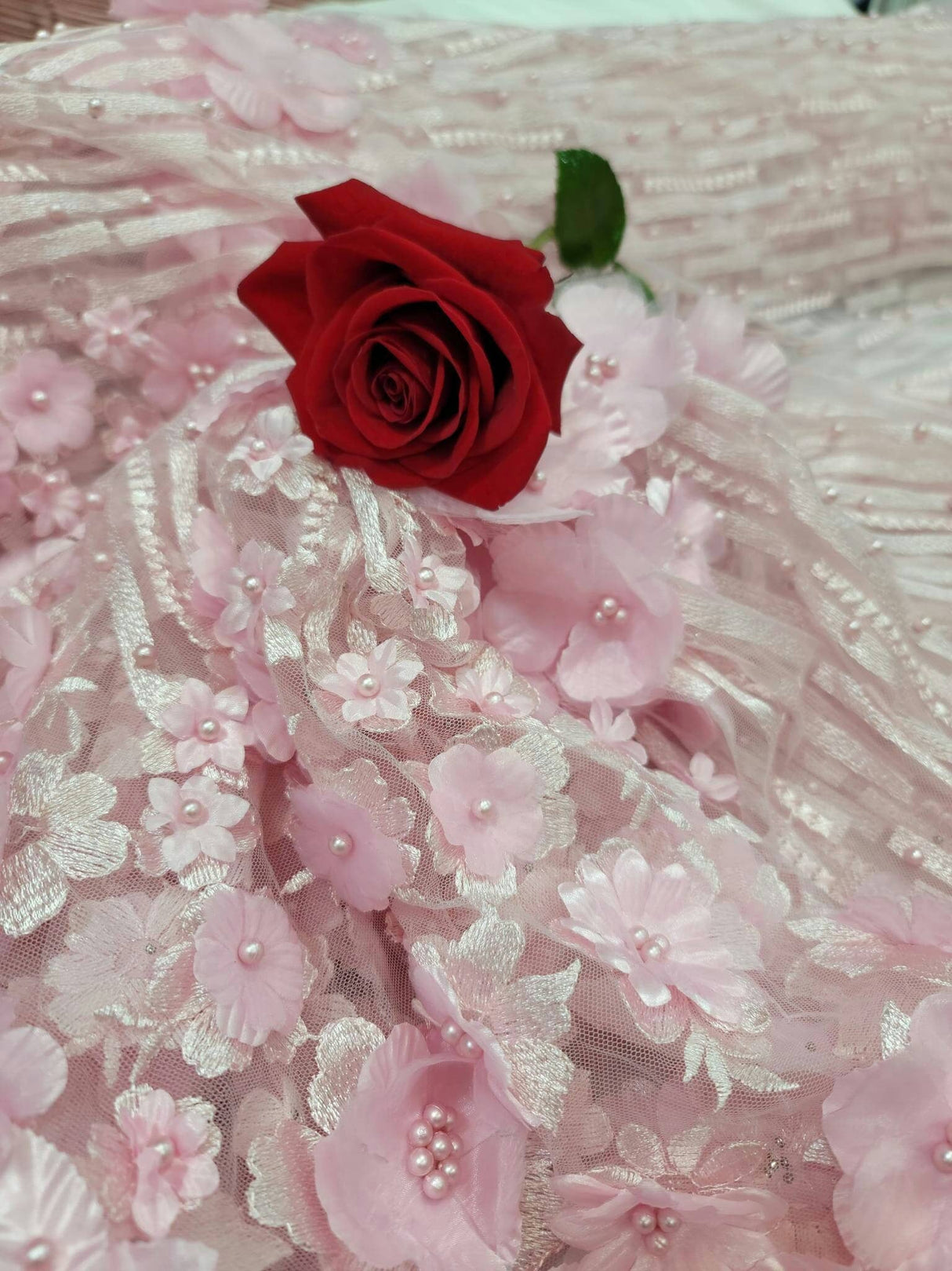 3D Floral Lace Pink Embroidered Mesh