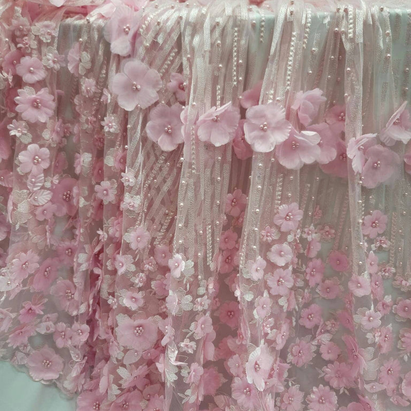 3D Floral Lace Pink Embroidered Mesh