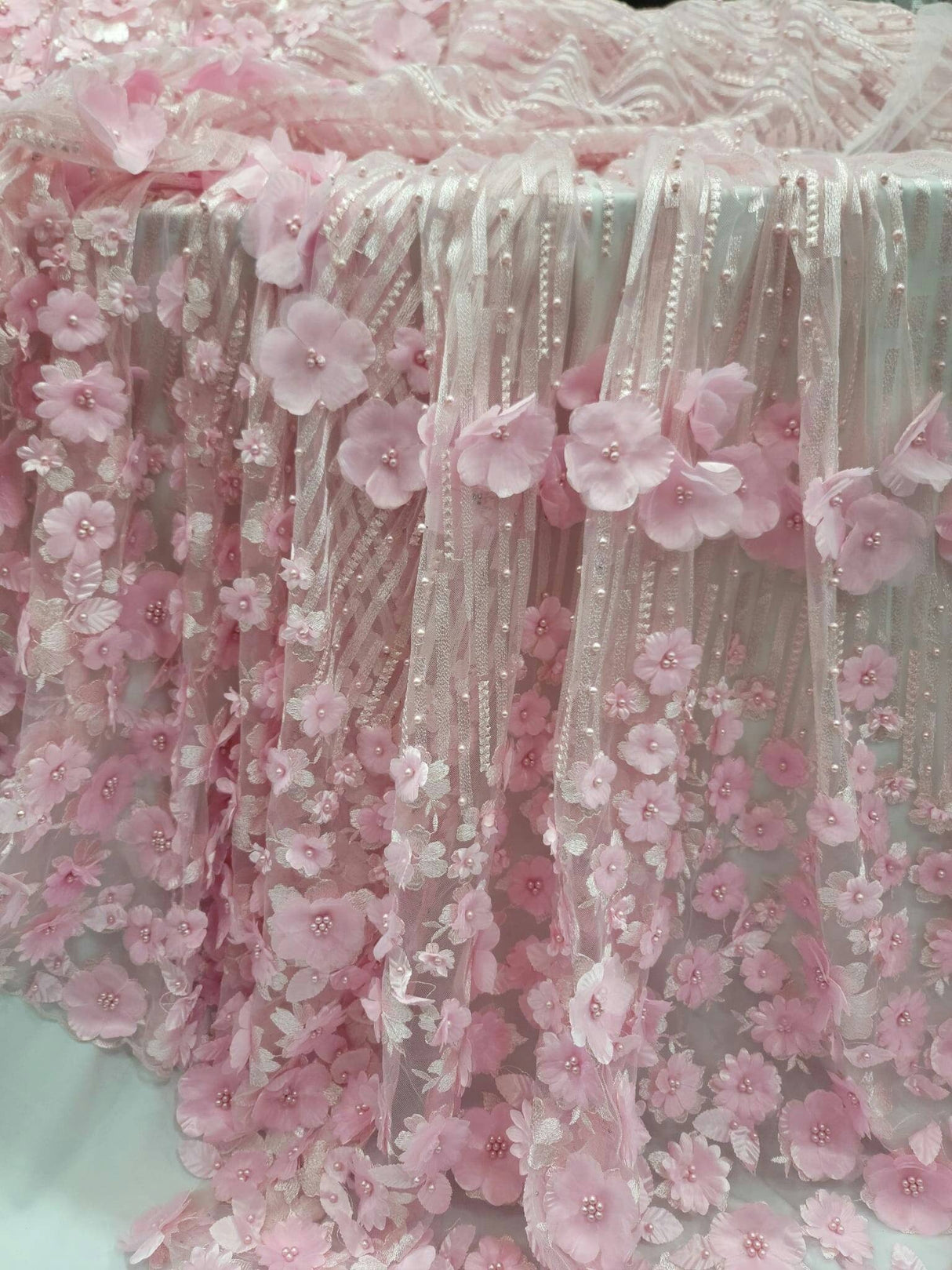3D Floral Lace Pink Embroidered Mesh
