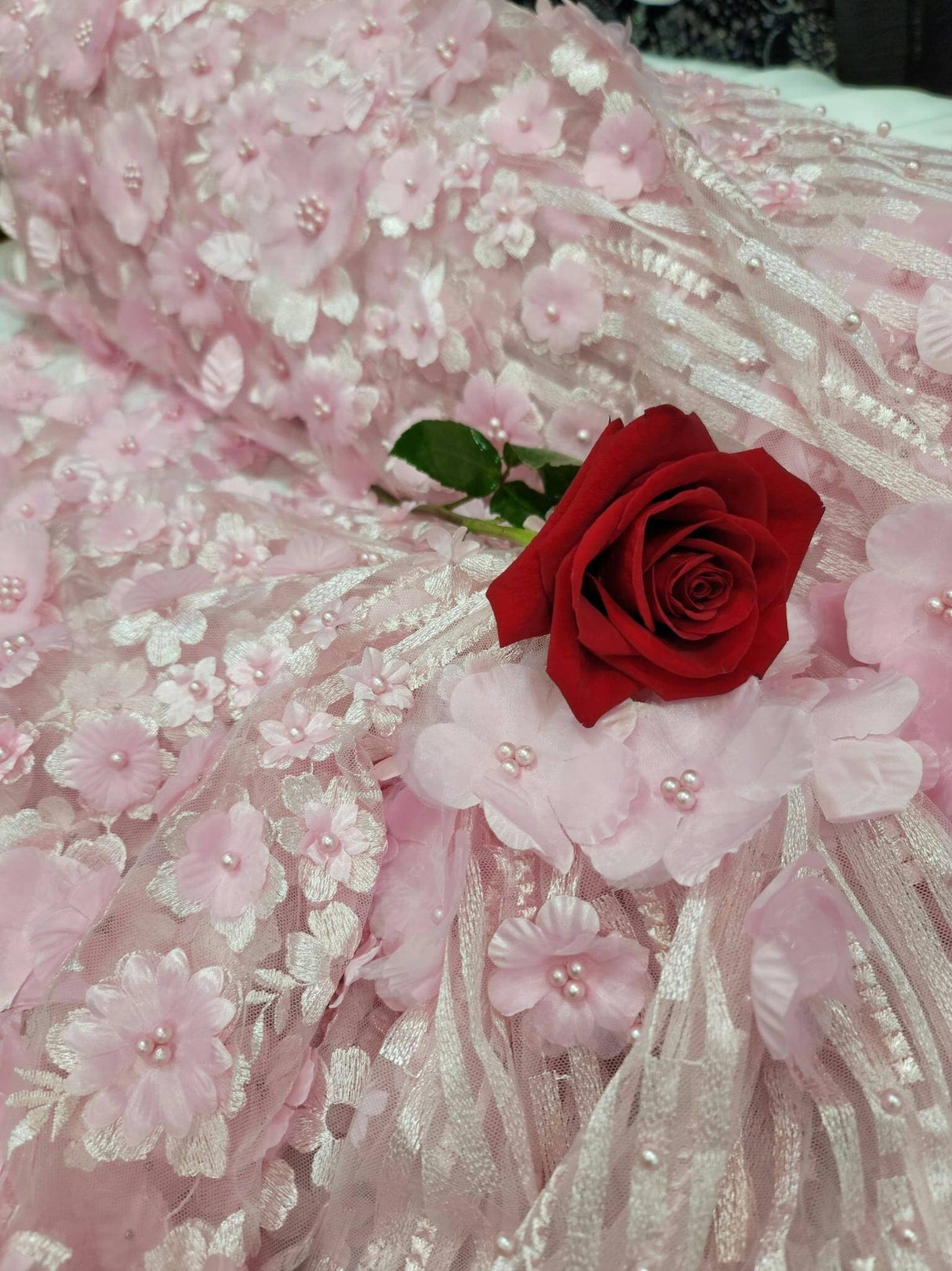 3D Floral Lace Pink Embroidered Mesh