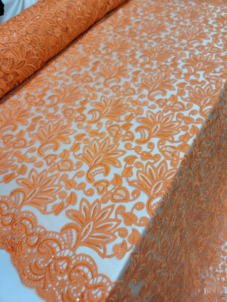 Embroidered Clear Sequin Lace Orange