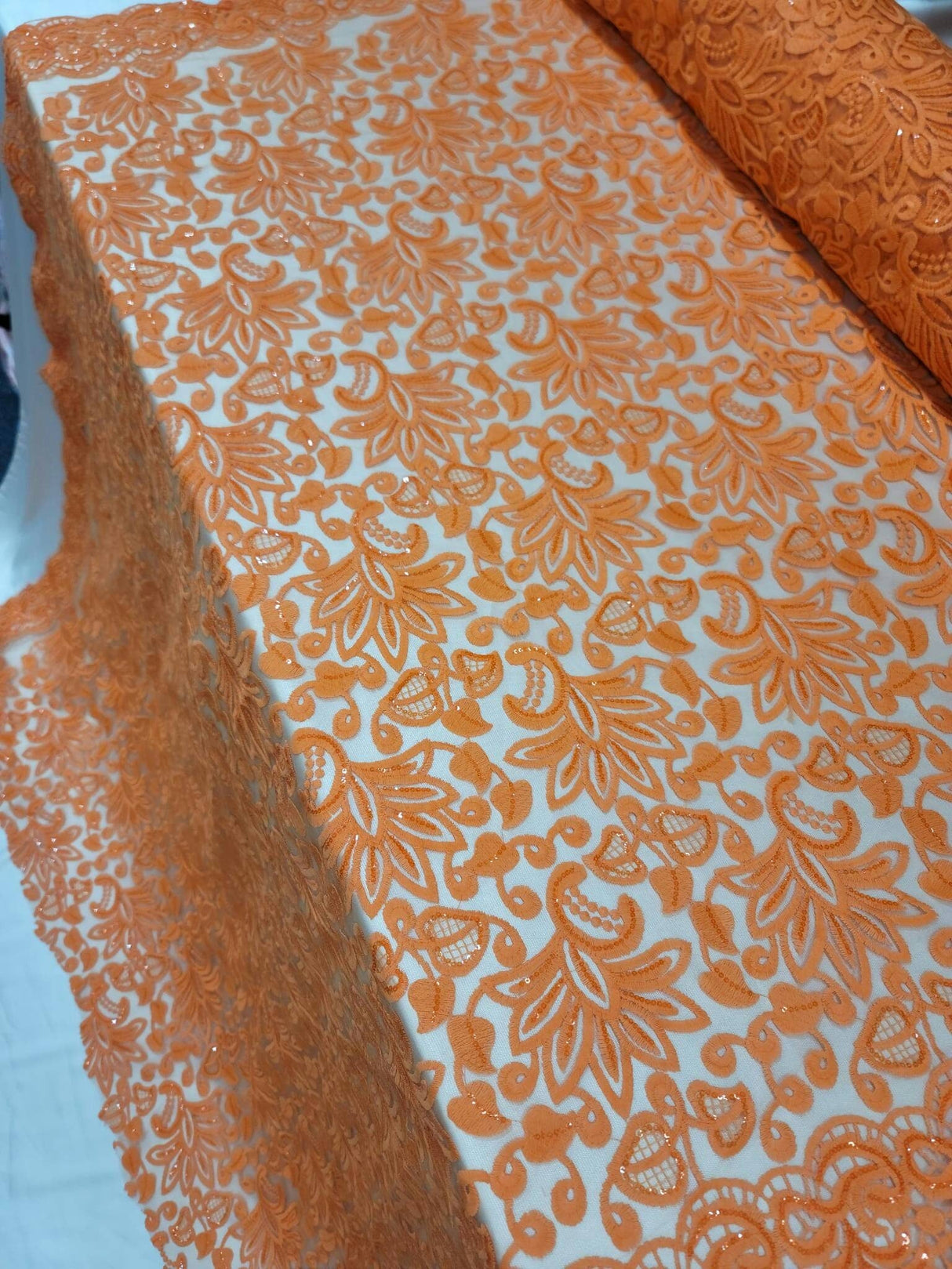Embroidered Clear Sequin Lace Orange