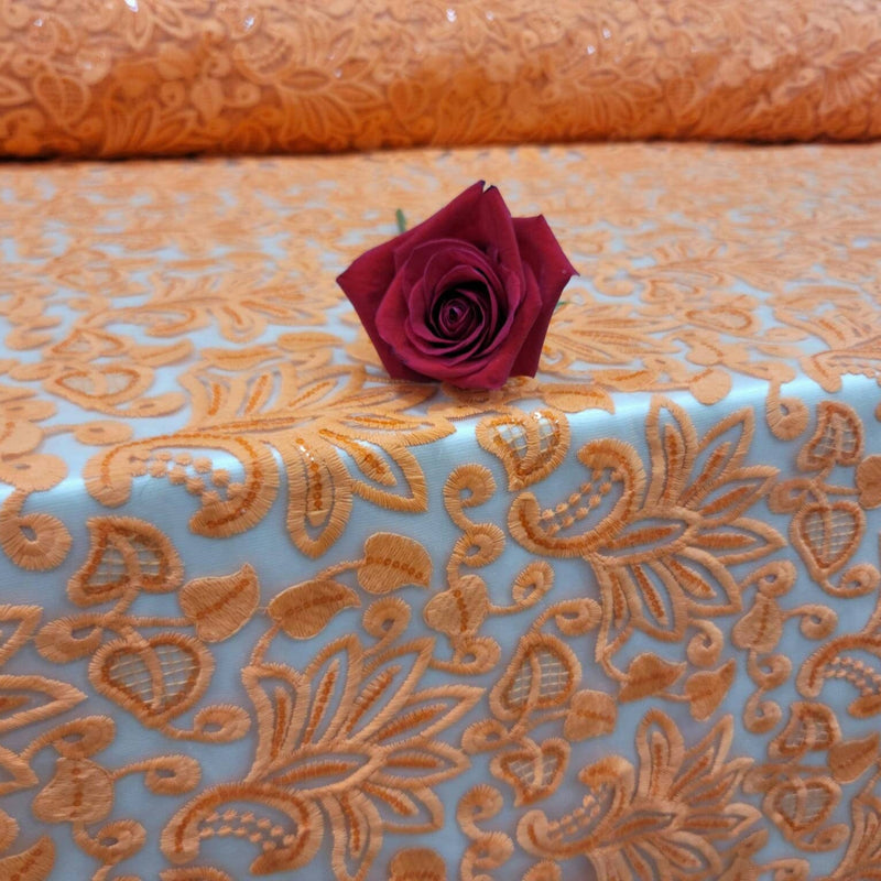 Embroidered Clear Sequin Lace Orange