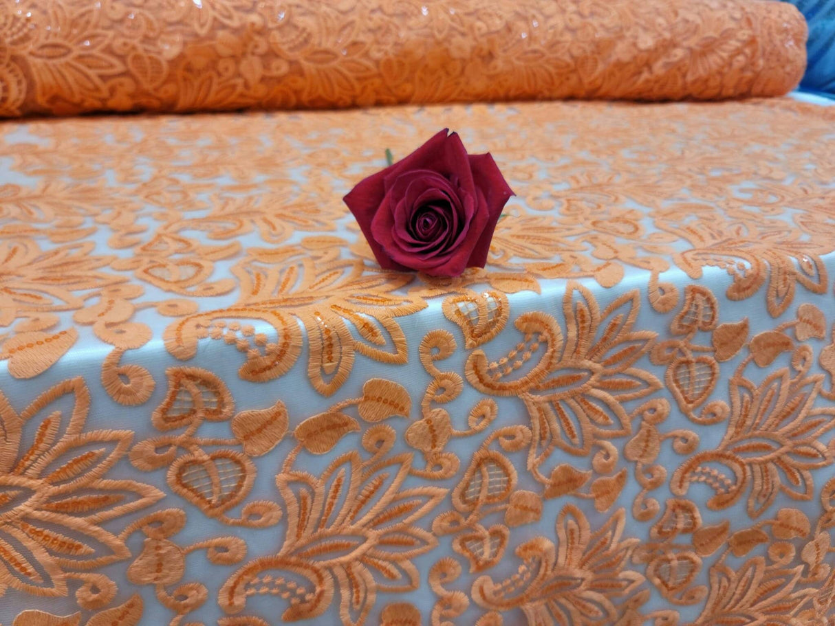 Embroidered Clear Sequin Lace Orange