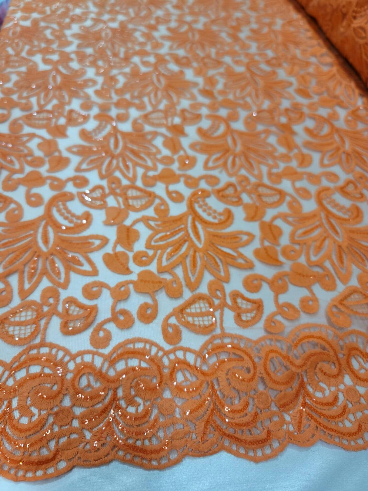 Embroidered Clear Sequin Lace Orange