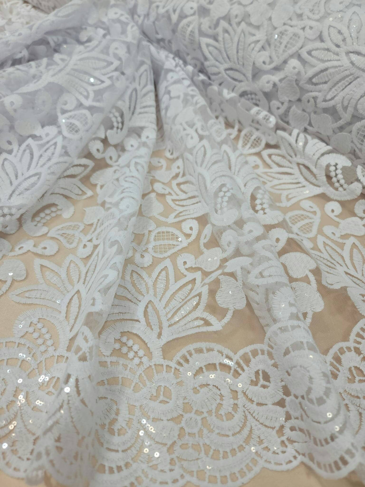 Bridal Lace Floral Embroidered Mesh Sequin White