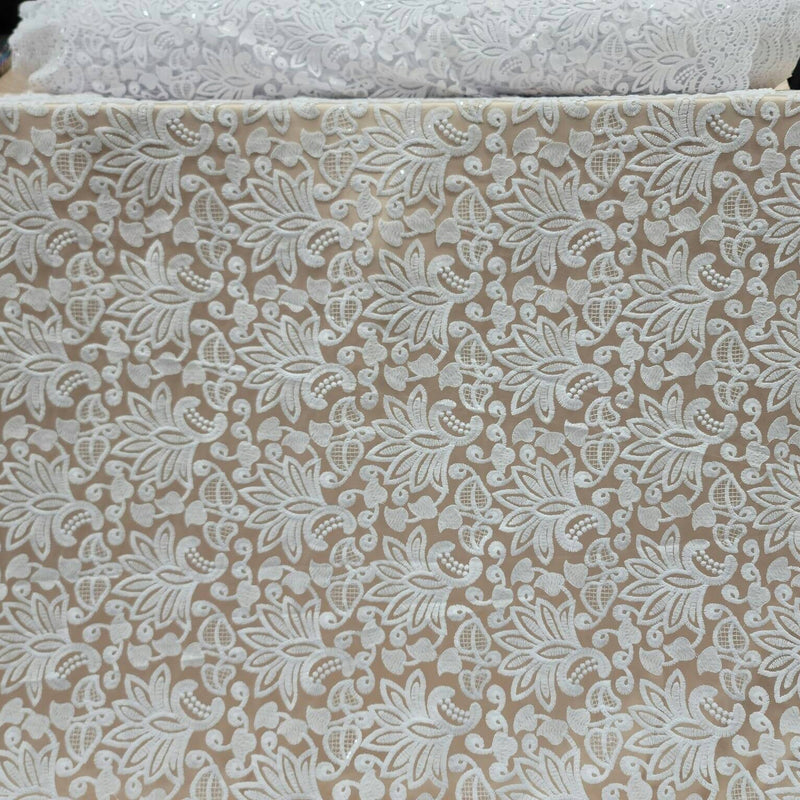 Bridal Lace Floral Embroidered Mesh Sequin White
