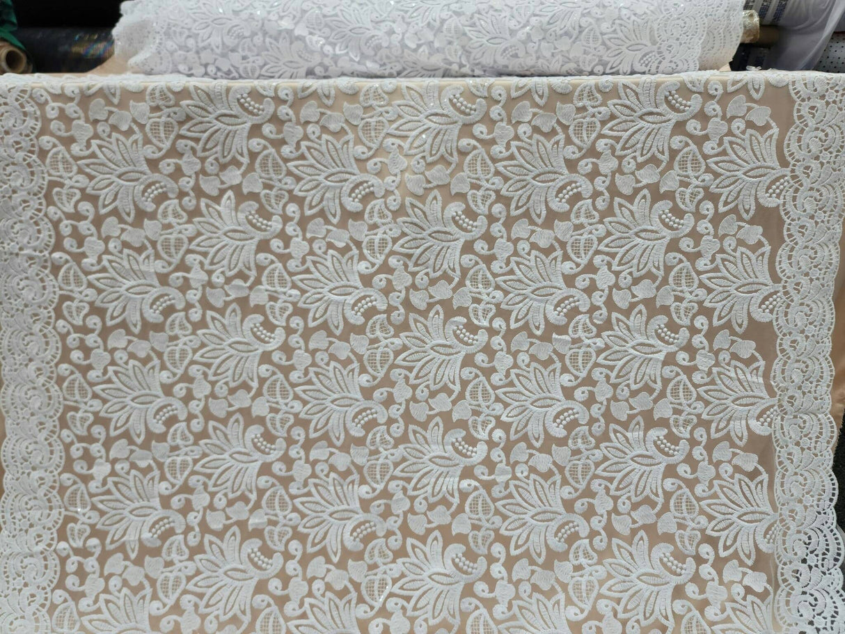 Bridal Lace Floral Embroidered Mesh Sequin White