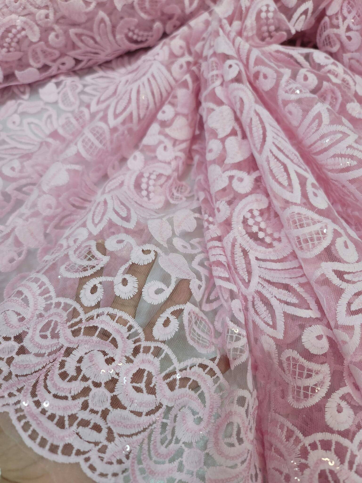 Pink Embroidery Lace Fabric with Clear Sequin