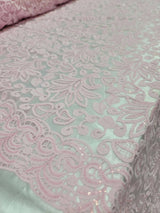 Pink Embroidery Lace Fabric with Clear Sequin