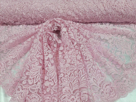 Pink Embroidery Lace Fabric with Clear Sequin