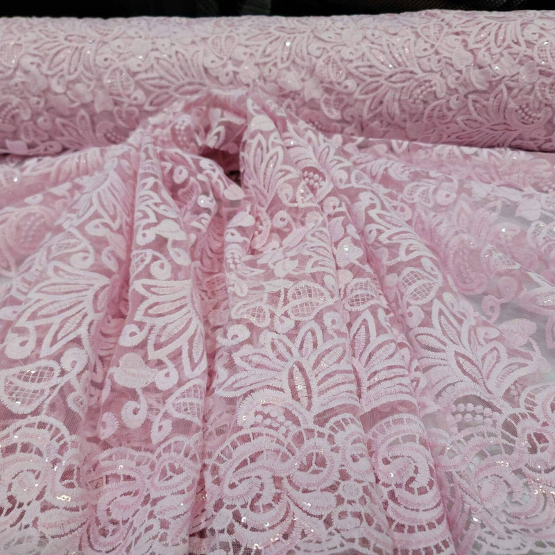 Pink Embroidery Lace Fabric with Clear Sequin