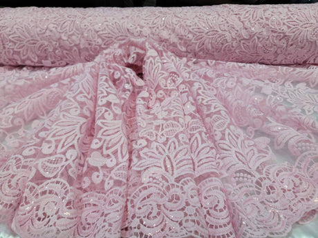 Pink Embroidery Lace Fabric with Clear Sequin