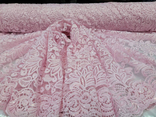 Pink Embroidery Lace Fabric with Clear Sequin