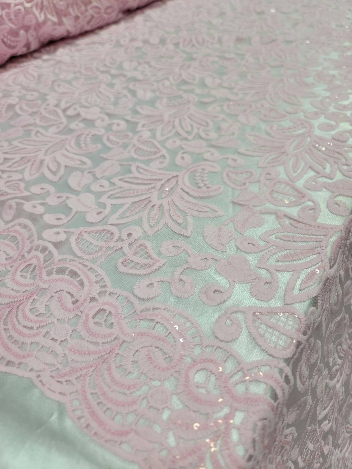 Pink Embroidery Lace Fabric with Clear Sequin
