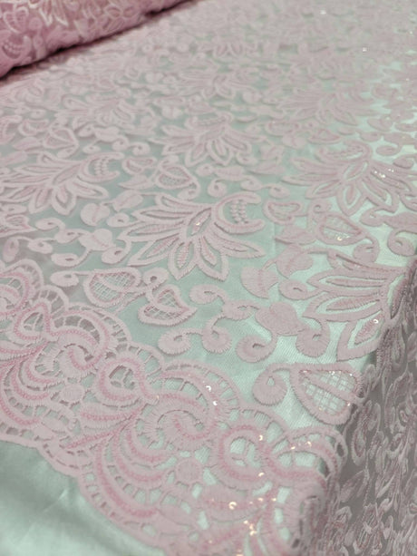 Pink Embroidery Lace Fabric with Clear Sequin