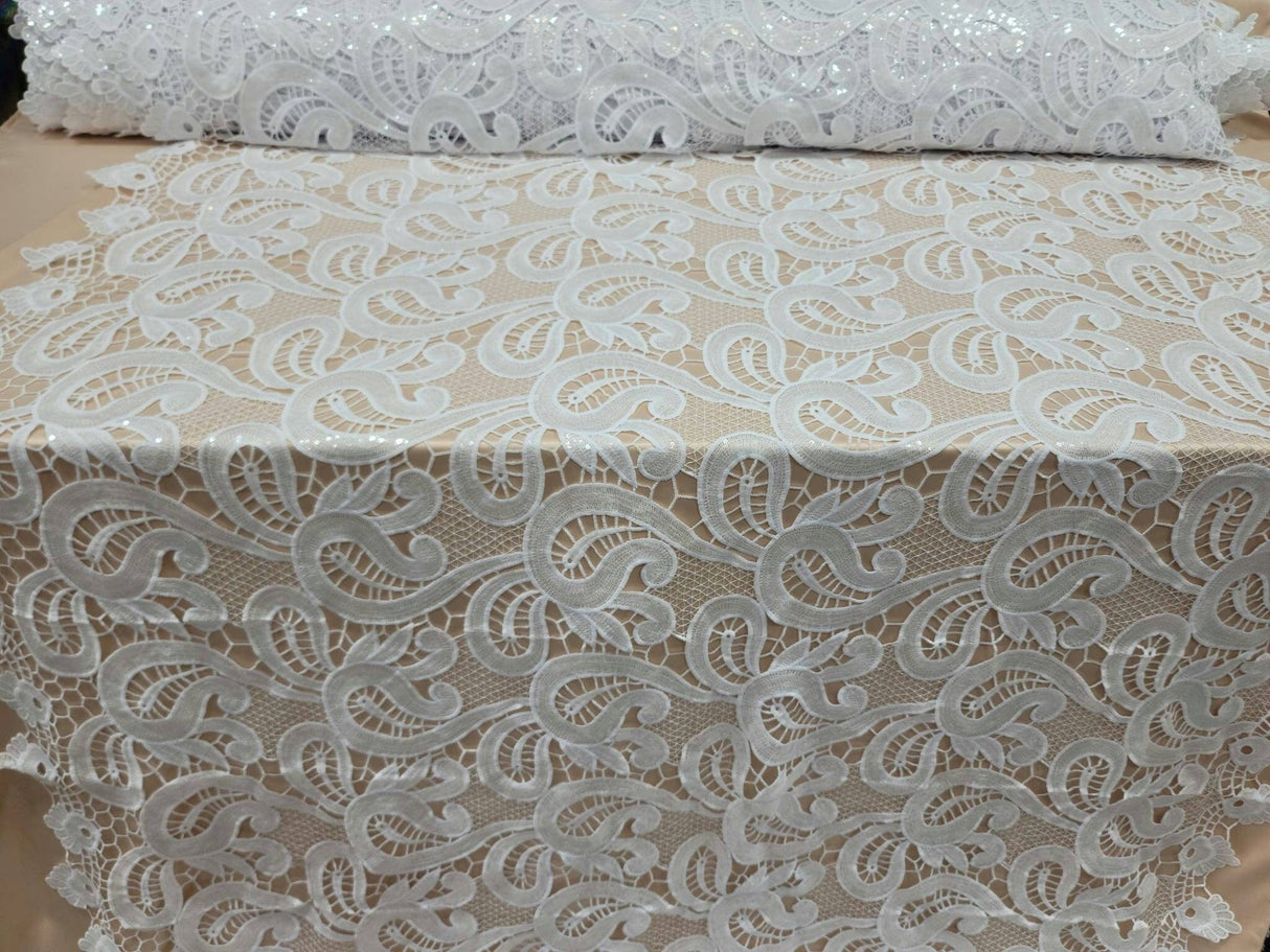 Clear Sequin Guipure Lace White