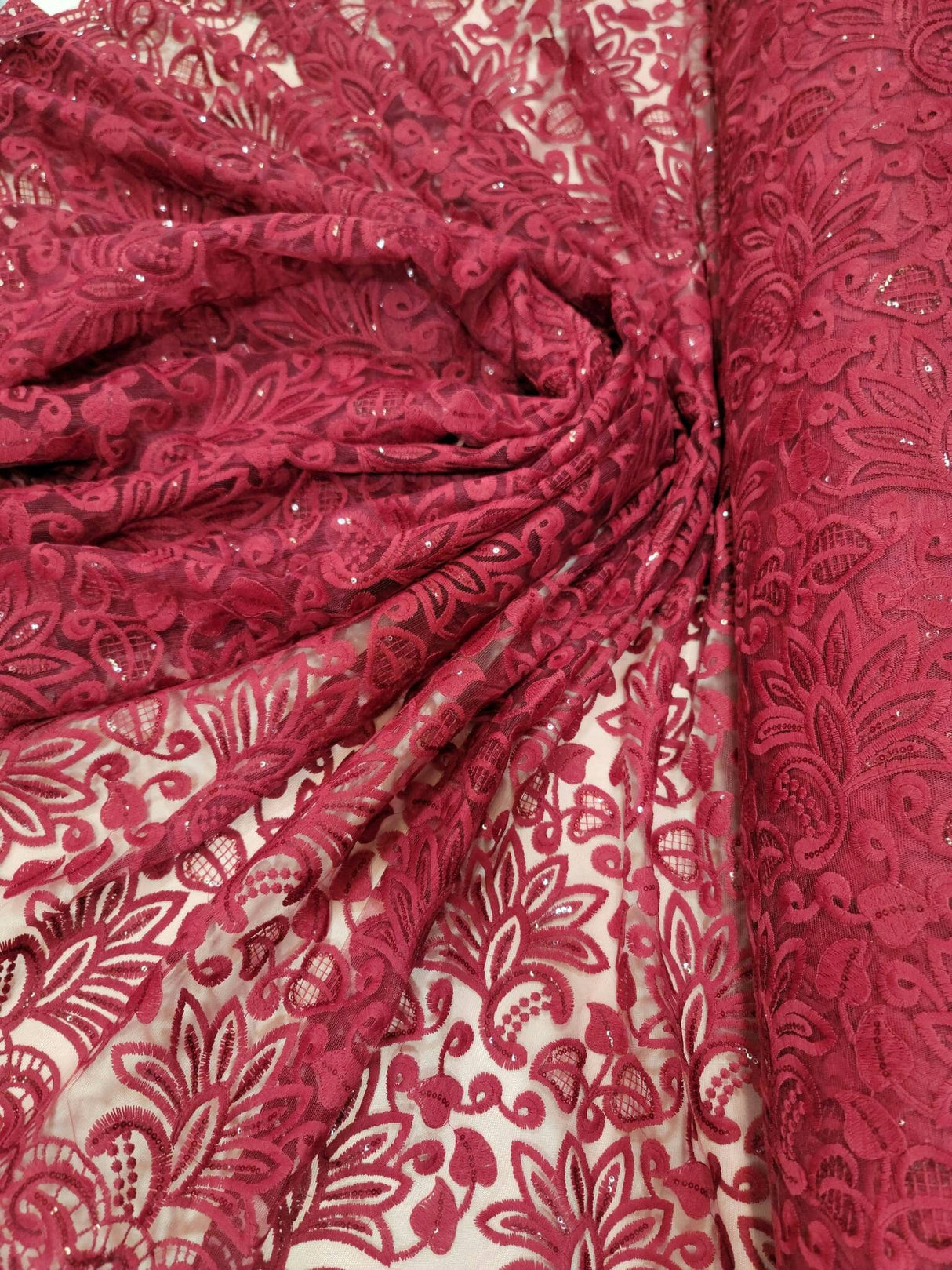 Embroidered Lace Burgundy Clear Sequin Fabric