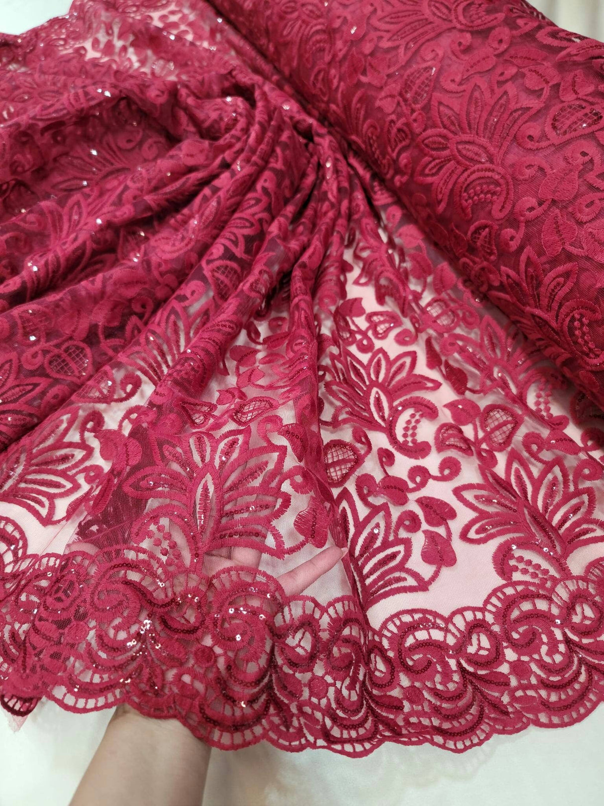 Embroidered Lace Burgundy Clear Sequin Fabric