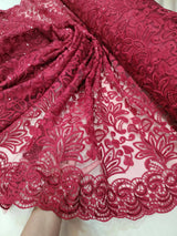Embroidered Lace Burgundy Clear Sequin Fabric