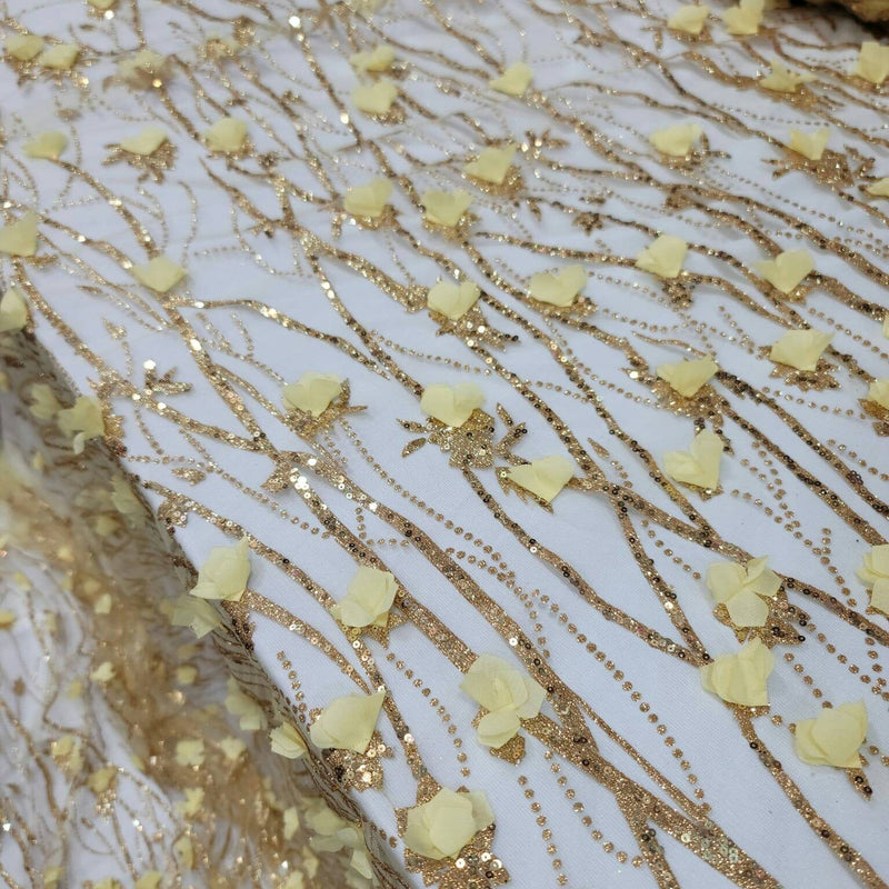3D Sequin Lace Gold Floral Embroidered