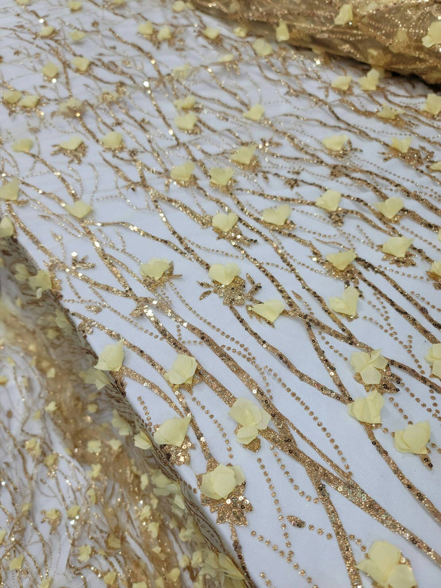 3D Sequin Lace Gold Floral Embroidered