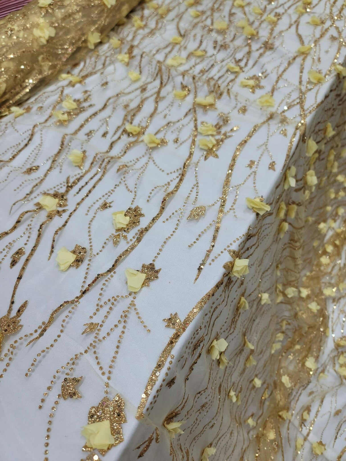 3D Sequin Lace Gold Floral Embroidered