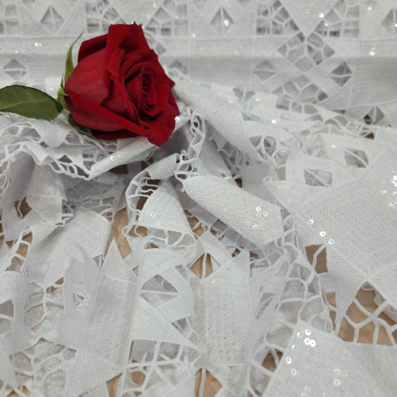 Embroidered Sequin Guipure Lace White