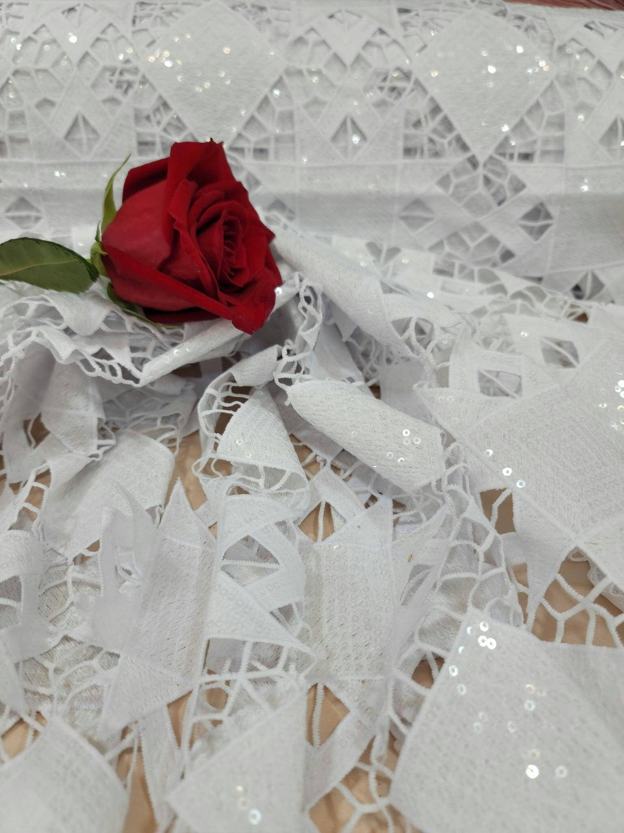 Embroidered Sequin Guipure Lace White