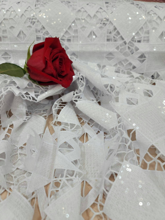 Embroidered Sequin Guipure Lace White