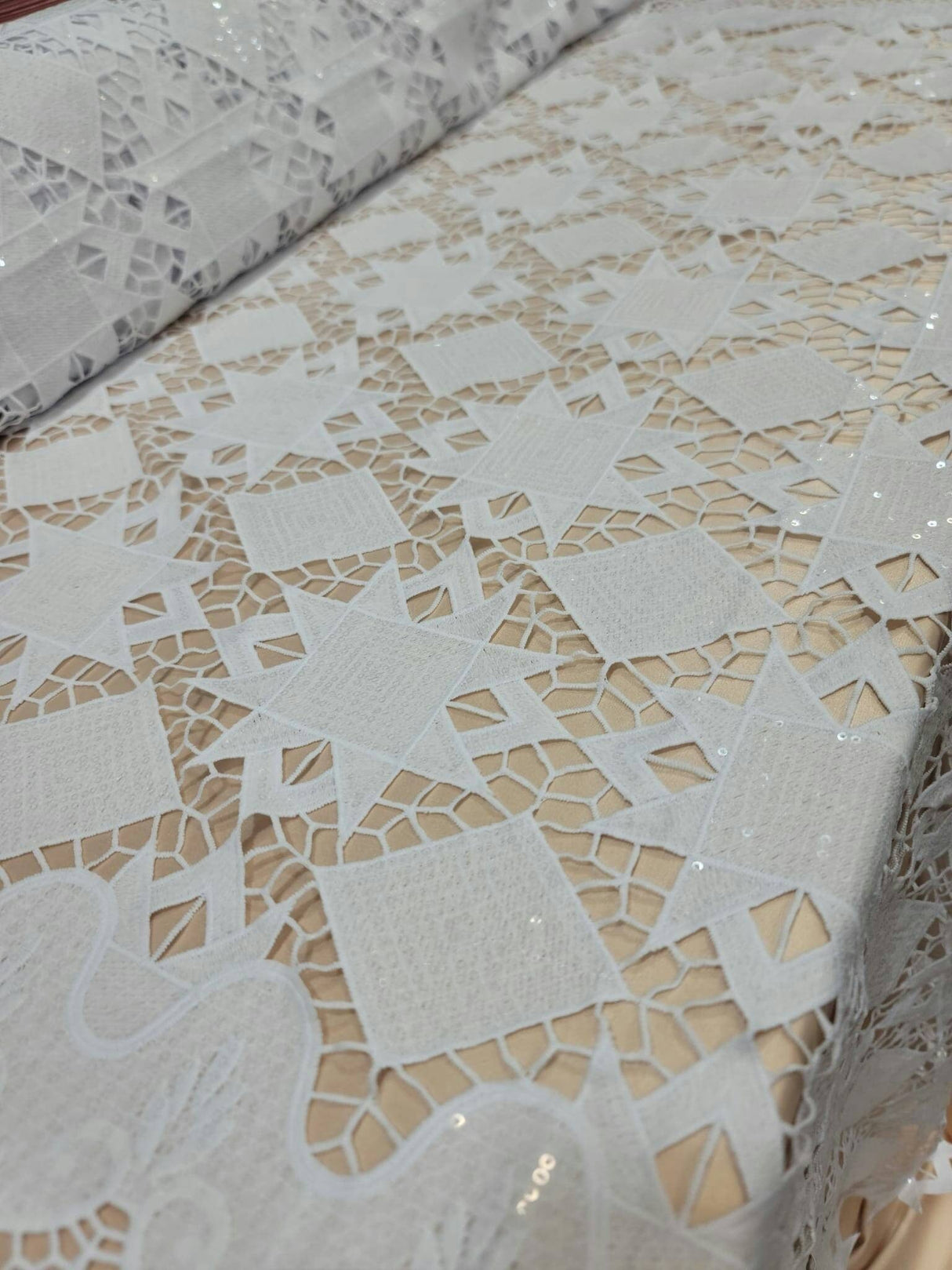 Embroidered Sequin Guipure Lace White